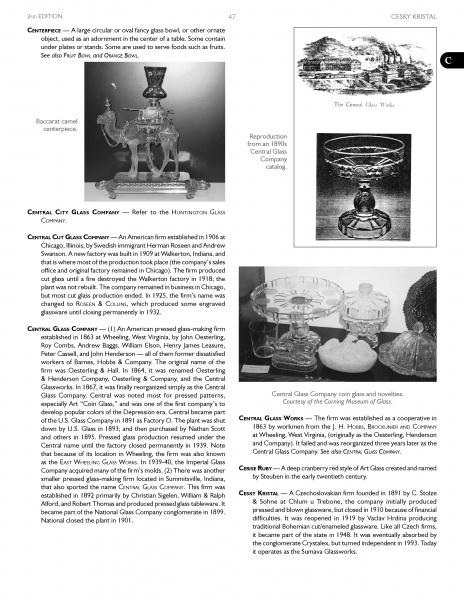 A black and white catalog page from Schiffer Publishing, Ltd.'s "The Encyclopedia of Glass" displays ornate vases, bowls, and dishes, with detailed text and captions on each antique glassware item’s origin and design for collectors.