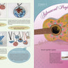 An open craft book, Wax on Crafts by Schiffer Publishing, Ltd., shows crayon wax jewelry (pendants, brooches) on the left and a decorated guitar under "Advanced Projects: Secret Garden Guitar" on the right.