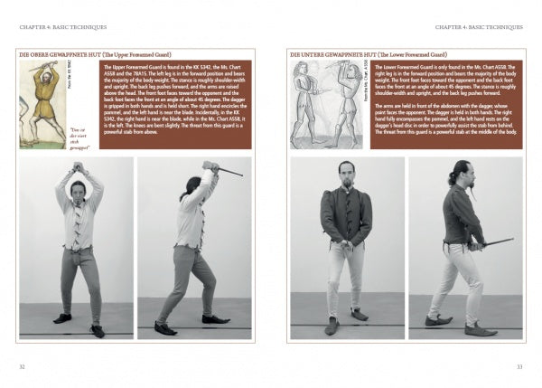 Two pages from "Dagger Fighting" by Schiffer Publishing, Ltd. feature historical images, descriptive text, and step-by-step photos showing a man demonstrating medieval dagger combat postures.