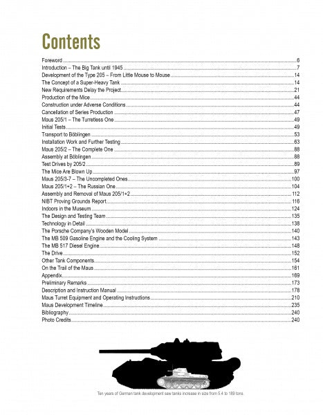 Table of contents from the book "Kampfpanzer Maus" by Schiffer Publishing, Ltd., listing chapters and page numbers on German tank development. A black tank silhouette appears below; most text is black, with a green “Contents” heading.