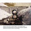 A stone bridge arches over a rocky stream amid pale grass and trees, evoking Irish folklore. Below, a quote from "Ireland's Ghosts, Legends, and Lore" by Schiffer Publishing explores haunted bridges and the supernatural.