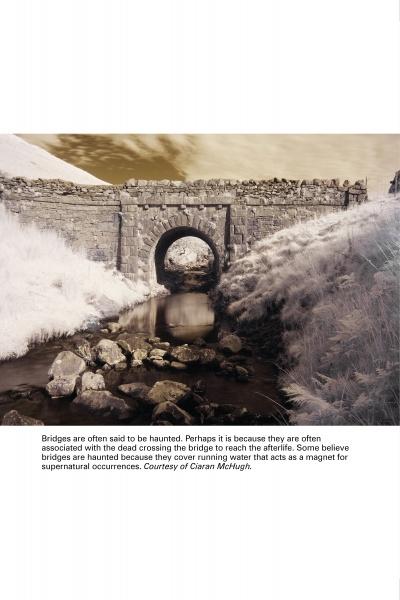 A stone bridge arches over a rocky stream amid pale grass and trees, evoking Irish folklore. Below, a quote from "Ireland's Ghosts, Legends, and Lore" by Schiffer Publishing explores haunted bridges and the supernatural.