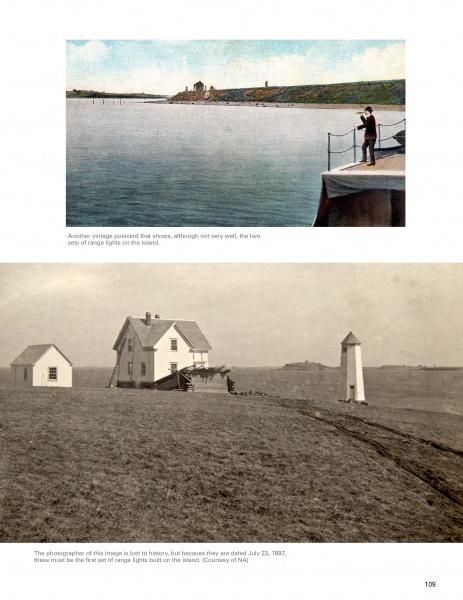 A vintage photo from "Massachusetts Lighthouses" by Schiffer Publishing, Ltd. shows a man by the water near lighthouse buildings, plus a black-and-white image of a house and small lighthouse on a grassy hillside.