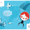 Two cartoon red-haired kids soar in the sky—one swings by braids, the other parachutes—amid birds, clouds, and a plane. “Relationship Navigators” by Schiffer Publishing, Ltd. explores kids’ self-confidence and channeling emotions for their dreams.