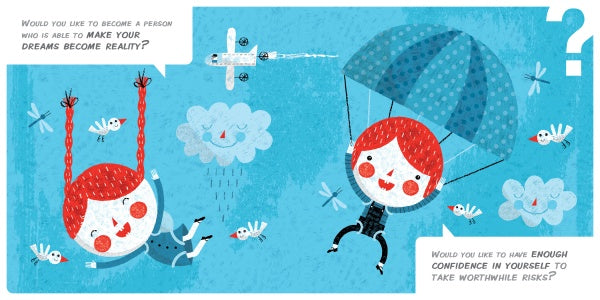 Two cartoon red-haired kids soar in the sky—one swings by braids, the other parachutes—amid birds, clouds, and a plane. “Relationship Navigators” by Schiffer Publishing, Ltd. explores kids’ self-confidence and channeling emotions for their dreams.