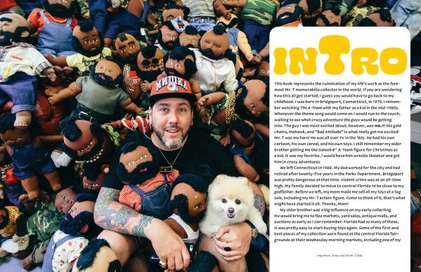 A man in a cap sits among many handmade, dark brown soft sculpture dolls, holding several and a fluffy white dog. Next to him is a yellow and white “INTRO” box. “I Pity the Dolls” by Schiffer Publishing, Ltd. channels modern folk art charm.