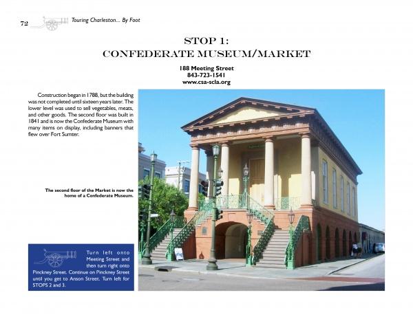 A yellow and tan historic building with columns and arches marks the Confederate Museum/Market in Charleston, SC, featured in Schiffer Publishing, Ltd.’s Civil War Tour of Charleston. A small map and text box appear at the bottom left.