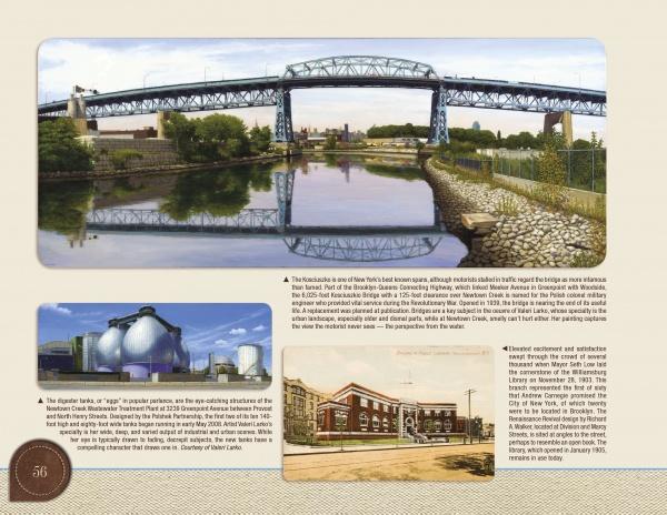 Greetings from Brooklyn by Schiffer Publishing, Ltd. features a large blue steel bridge over a river, with trees, rocks, and grass nearby, plus insets of industrial tanks, brick buildings, and historic Brooklyn district streetscapes.