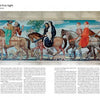 A colorful mural in WPA style shows people in historical dress on horseback, leading animals. Above text for "Love at First Sight: First Impressions Last Forever." From WPA Buildings by Schiffer Publishing, Ltd.