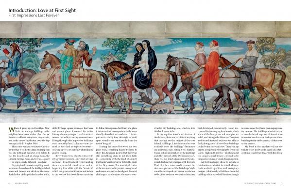 A colorful mural in WPA style shows people in historical dress on horseback, leading animals. Above text for "Love at First Sight: First Impressions Last Forever." From WPA Buildings by Schiffer Publishing, Ltd.
