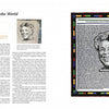 A book spread from "OURstory Quilts" by Schiffer Publishing, Ltd. features an article on Eleanor Roosevelt titled “First Lady of the World,” showing her black-and-white portrait over text bordered by a vibrant art quilt–inspired frame.