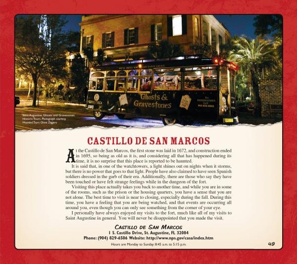 A Ghosts & Gravestones trolley stands at night before St. Augustine’s Castillo de San Marcos—a famously haunted site—like those featured in “Eerie America” from Schiffer Publishing, Ltd.