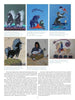 A collage of six Indigenous paintings of animals, horses, and people, arranged above text on Native American art, with titles, artist names, and "Shadows on the Mesa" exhibition details. Brand: Schiffer Publishing, Ltd.