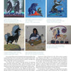 A collage of six Indigenous paintings of animals, horses, and people, arranged above text on Native American art, with titles, artist names, and "Shadows on the Mesa" exhibition details. Brand: Schiffer Publishing, Ltd.