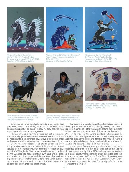A collage of six Indigenous paintings of animals, horses, and people, arranged above text on Native American art, with titles, artist names, and "Shadows on the Mesa" exhibition details. Brand: Schiffer Publishing, Ltd.