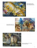 A page from "100 Artists of the Northwest" by Schiffer Publishing, Ltd. displays three abstract watercolor paintings in yellow, blue, and brown by Northwest artists, with captions and photo credits beneath each artwork.