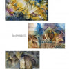 A page from "100 Artists of the Northwest" by Schiffer Publishing, Ltd. displays three abstract watercolor paintings in yellow, blue, and brown by Northwest artists, with captions and photo credits beneath each artwork.