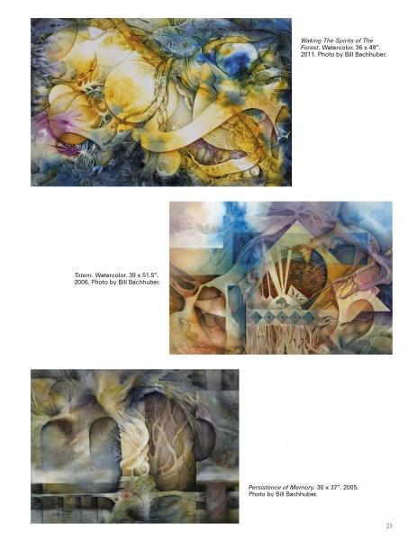 A page from "100 Artists of the Northwest" by Schiffer Publishing, Ltd. displays three abstract watercolor paintings in yellow, blue, and brown by Northwest artists, with captions and photo credits beneath each artwork.