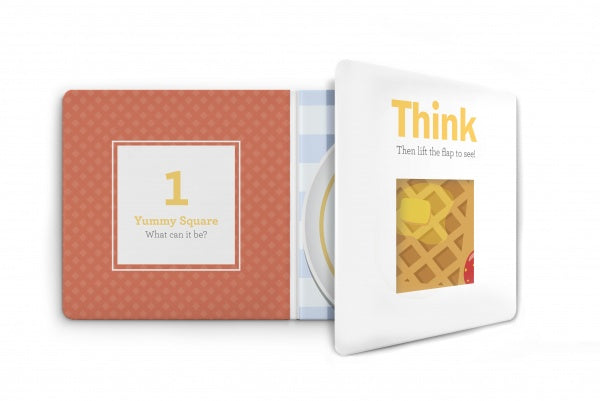 An open Think Squares! book by Schiffer Publishing, Ltd. shows the page “1 Yummy Square What can it be?” and a flap reading “Think Then lift the flap to see!” encouraging analytical thinking, with a partially visible waffle.