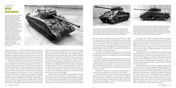 Sherman Tank, Vol. 5 by Schiffer Publishing, Ltd. presents a two-page spread with black-and-white M4A4 Sherman photos from multiple angles and text on WWII tank derivatives and their specs in military vehicle history.