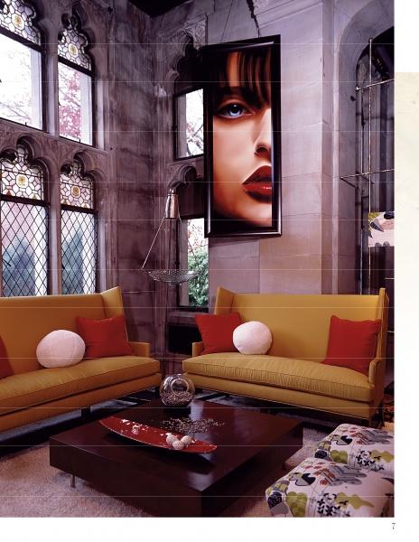 Inspired by Showhouses 1 from Schiffer Publishing, Ltd.: envision a stylish living room with tall stained glass windows, mustard-yellow sofas, and a dark wood coffee table—a perfect scene for historic home and design enthusiasts.