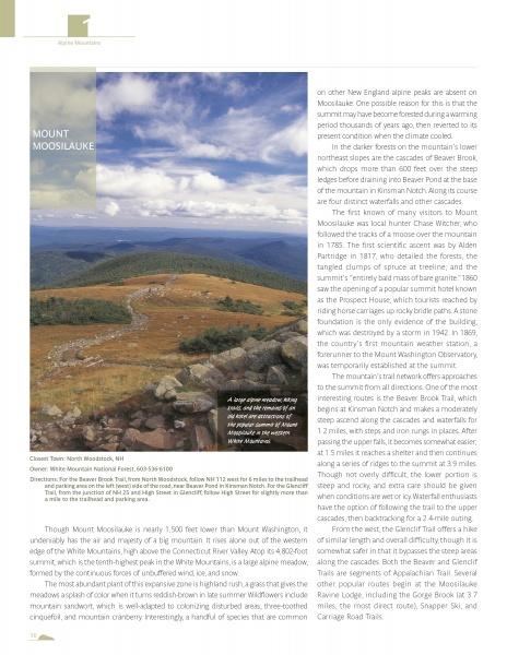 An aerial view from "New England's Natural Wonders" by Schiffer Publishing, Ltd. shows Mount Moosilauke’s rocky summit, alpine vegetation, winding trails, and distant forests beneath clouds, with hikers exploring the scenic landscape. Text surrounds the image.