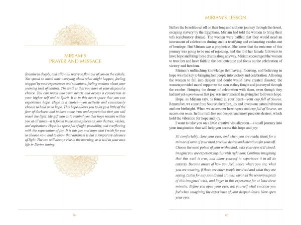 Two open book pages from *Self-Love through the Sacred Feminine* by Schiffer Publishing, Ltd.—one titled "Miriam’s Prayer and Message," the other "Miriam’s Lesson"—feature gold accents and uplifting themes of self-love and the Sacred Feminine.