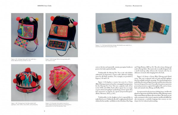 A book spread from "Hmong Story Cloths" by Schiffer Publishing, Ltd. shows vibrant embroidered hats, a baby carrier, and a jacket with captions detailing their importance in Laos textile traditions and Hmong culture.
