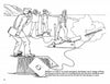 Four men operate a Lyle gun on a beach in this scene from the U.S. Life Saving Coloring Book by Schiffer Publishing, Ltd., firing a rope toward shipwrecked sailors as coils of rope, equipment, and gun smoke are visible in the foreground.