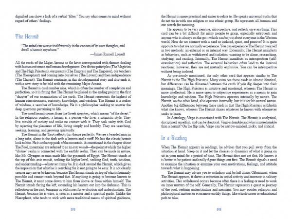 A two-column book spread from "Tarot" by Schiffer Publishing, Ltd. explores The Hermit card’s symbolism, meaning, and interpretation, with blue headings and a section titled "In a Reading" spanning the left and right pages.