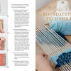 A two-page spread from Welcome to Weaving by Schiffer Publishing, Ltd. features beginner-friendly photos and instructions on the left, while the right page, "Section 3: Foundational Techniques," shows hands weaving blue yarn on a loom.