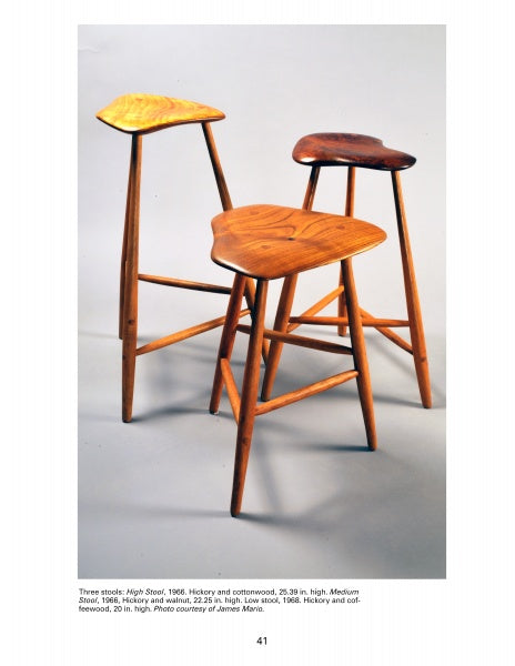 Three wooden stools with triangular seats and three legs, inspired by Wharton Esherick’s artistry, are displayed on a light gray background, highlighting the Wharton Esherick Studio & Collection from Schiffer Publishing, Ltd.