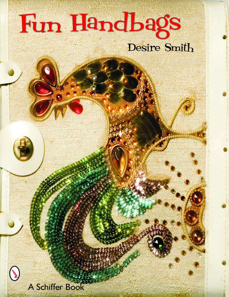 Book cover for "Fun Handbags" by Schiffer Publishing features a decorative, jeweled purse with a gold, green, and red peacock design reminiscent of vintage handbags on a textured beige background.