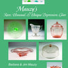 Book cover for "Mauzy's Rare, Unusual, & Unique Depression Glass" by Barbara & Jim Mauzy, published by Schiffer Publishing, displays vibrant green, pink, and clear collectible Depression glass items.