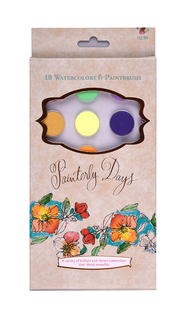 The "Painterly Days - 18 Watercolors" set by Schiffer Publishing, Ltd. features vibrant floral art, a window displaying six colors, includes 18 watercolors and a paintbrush, and is priced at $12.99.