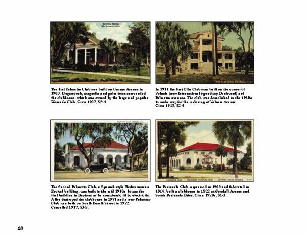 Page 28 of Greetings from Daytona Beach by Schiffer Publishing, Ltd. displays four vintage postcards of historic Daytona club buildings, each captioned with their Florida history and architecture, set among lush greenery.
