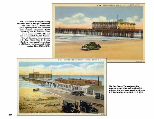 Greetings from Daytona Beach by Schiffer Publishing, Ltd. features two vintage postcards of Daytona Beach Pier and Casino, Florida, from the 1930s—showcasing a green car on the pier and classic cars parked by the retro casino building.