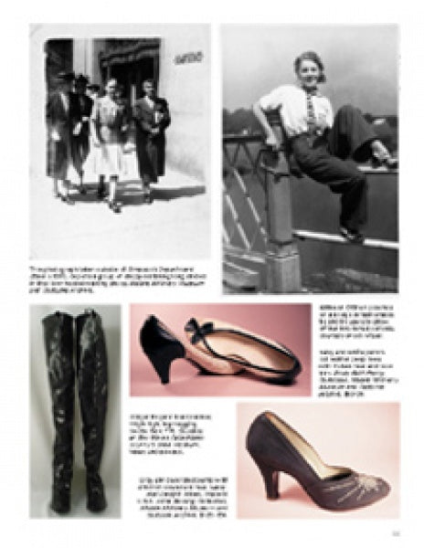 In Step with Fashion by Schiffer Publishing, Ltd. showcases vintage photos of women in stylish dresses, trousers, collectible shoes, and tall black boots, with text highlighting unique historical footwear trends.
