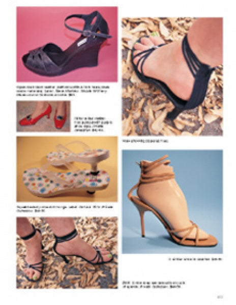 A collage from "In Step with Fashion" by Schiffer Publishing, Ltd. displays six trendy women’s shoe styles—wedge sandals, polka dot heels, strappy stilettos, and heeled sandals—on models’ feet with vibrant backgrounds.