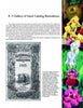 A page from Seed Art by Schiffer Publishing, Ltd. showcases a vintage 1869 seed catalog illustration on the left, vibrant flower images on the right, and descriptive text about historic seed catalog and artwork at the top.