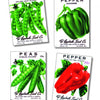 Seed Art by Schiffer Publishing, Ltd. displays four vintage seed packets with classic illustrations of green peas, green bell pepper, and red bell pepper, ornate variety names, and prices shown on two of the packets.