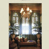 Showhouse Review by Schiffer Publishing, Ltd. features elegant living rooms with stained glass windows, chandeliers, vintage chaise lounges, artwork, and lush plants—spaces often highlighted in decorator showhouses and designer showcases. Credits above.