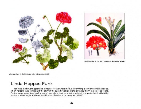 Two botanical illustrations—geraniums and orchids—appear side by side. Text about Botanical Art and artist Linda Heppes Funk appears below. From Today’s Botanical Artists by Schiffer Publishing, Ltd.