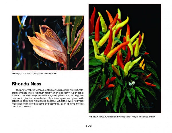 A page from “Today's Botanical Artists” by Schiffer Publishing, Ltd. features two Rhonda Nass paintings: one depicting corn with husks and kernels, the other showcasing colorful chili peppers, along with her bio and botanical art details.