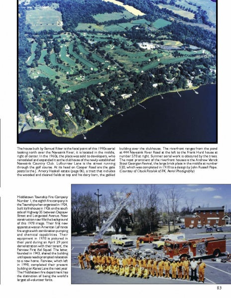 Aerial view from "Middletown" by Schiffer Publishing, Ltd.: a golf course with trees, ponds, Monmouth County NJ homes; below, firefighters and trucks assemble in a parking lot for a daytime drill.