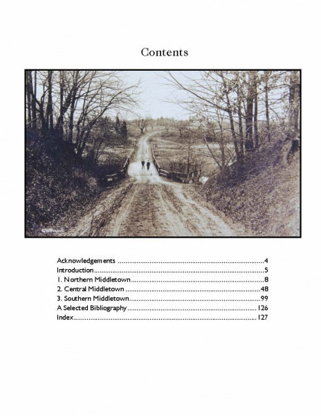 The table of contents page for "Middletown" by Schiffer Publishing, Ltd. displays a vintage black-and-white photo of two people on a tree-lined dirt road in rural Monmouth County, NJ, with chapter titles and page numbers highlighting its history and architecture.
