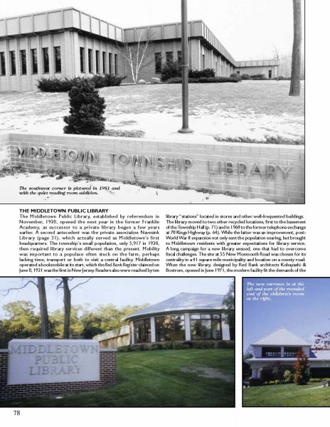 A black-and-white photo captures Middletown’s library exterior sign and building, with two color images below showing different views of this New Jersey landmark, featured in "Middletown" by Schiffer Publishing, Ltd.