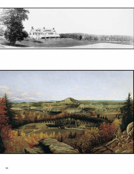 Top: A black-and-white photo of a grand house in Monmouth County, NJ. Bottom: A vivid autumn landscape painting with hills and buildings. From "Middletown" by Schiffer Publishing, Ltd.