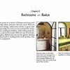 Chapter title Bathrooms / Baños, featuring Mexican-inspired styles. Left: tiled bath with arch window, plants, and towels. Right: San Miguel-inspired bath with green tiles and mirror. From San Miguel's Mexican Interiors by Schiffer Publishing, Ltd.