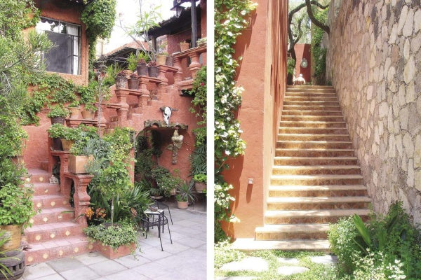 Side-by-side images from "San Miguel's Mexican Interiors" by Schiffer Publishing, Ltd.: left—Mexican architecture with red tiles, terracotta walls, and greenery; right—a simple stone staircase beside a rustic wall, evoking San Miguel.